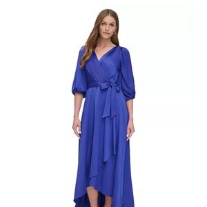 DKNY women's faux-wrap belted dress with an asymmetric hem